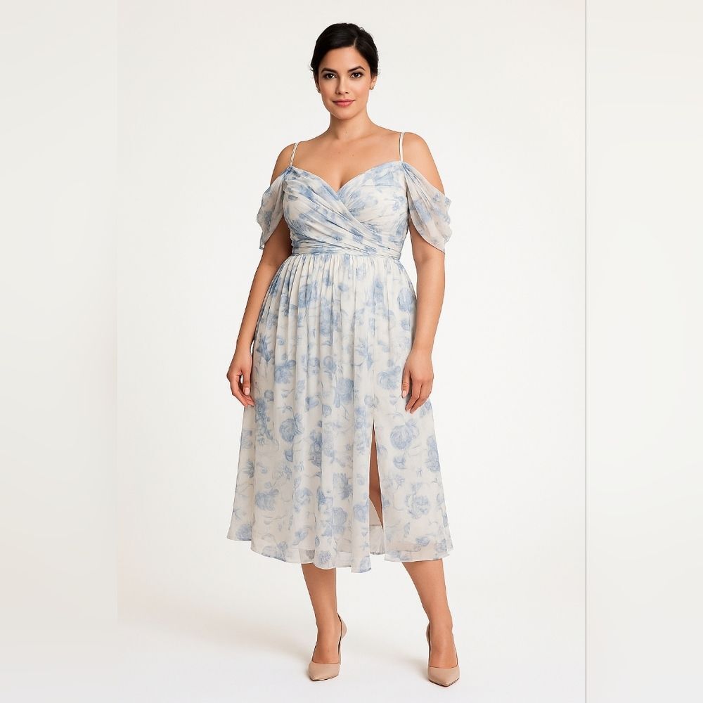 AW Bridal Bridesmaid Dress Blue Rose Floral Strapless Front Slit Formal HOCO XXL